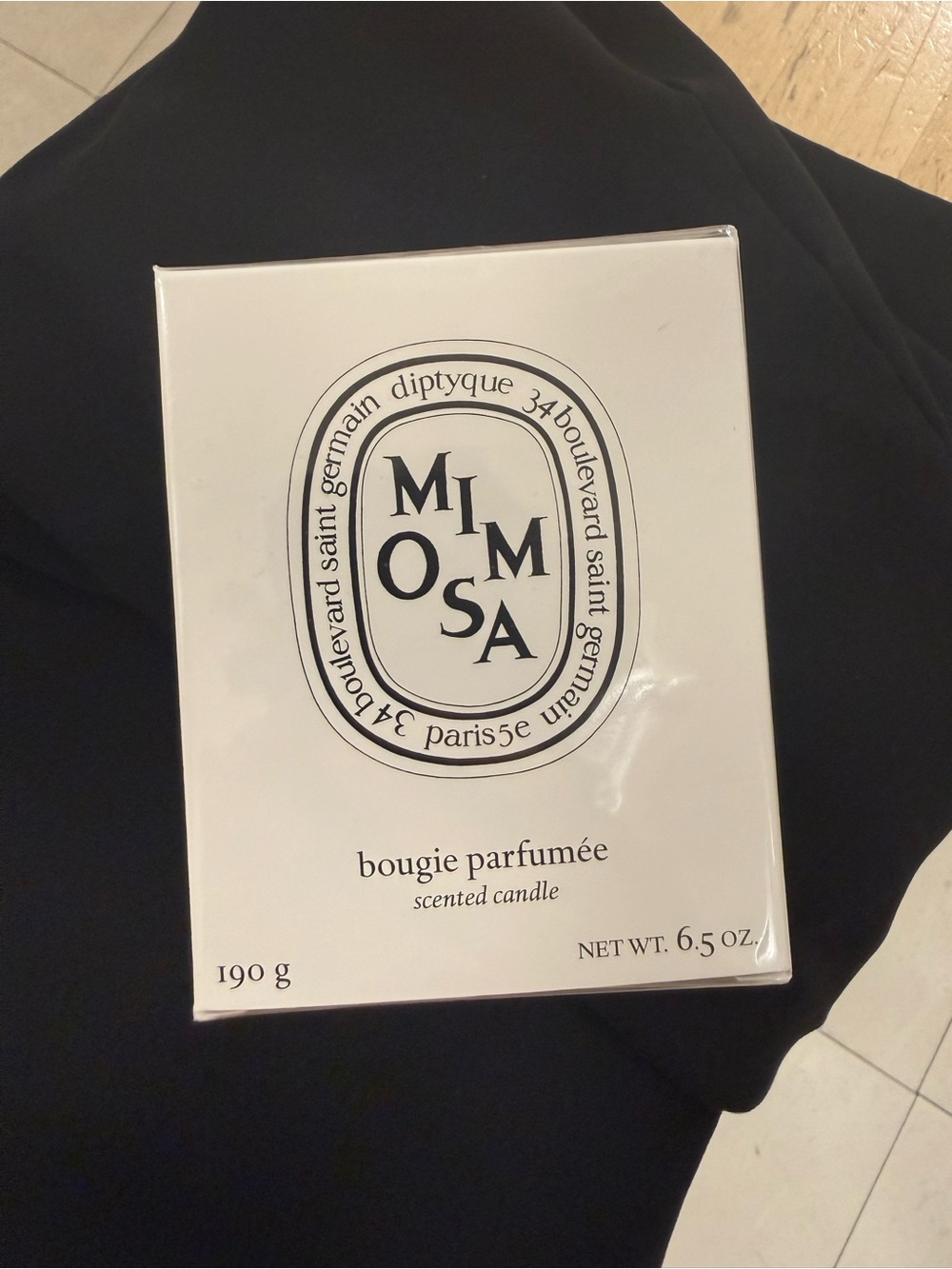 diptyque Mimosa Scented Candle in White Box with Black Logo